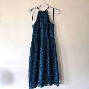 ANN TAYLOR LOFT Deep Forest Green Halter Maxi Dress Abstract Floral Lace Size 4